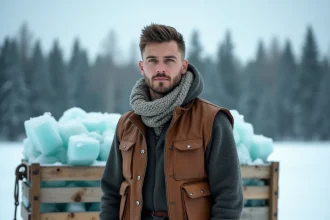 Jeune homme robuste en tenue nordique rustique debout à côté d'un traîneau chargé de blocs de glace dans un paysage enneigé, évoquant le personnage de Kristoff de Disney