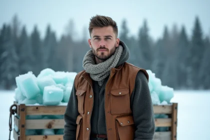 Jeune homme robuste en tenue nordique rustique debout à côté d'un traîneau chargé de blocs de glace dans un paysage enneigé, évoquant le personnage de Kristoff de Disney