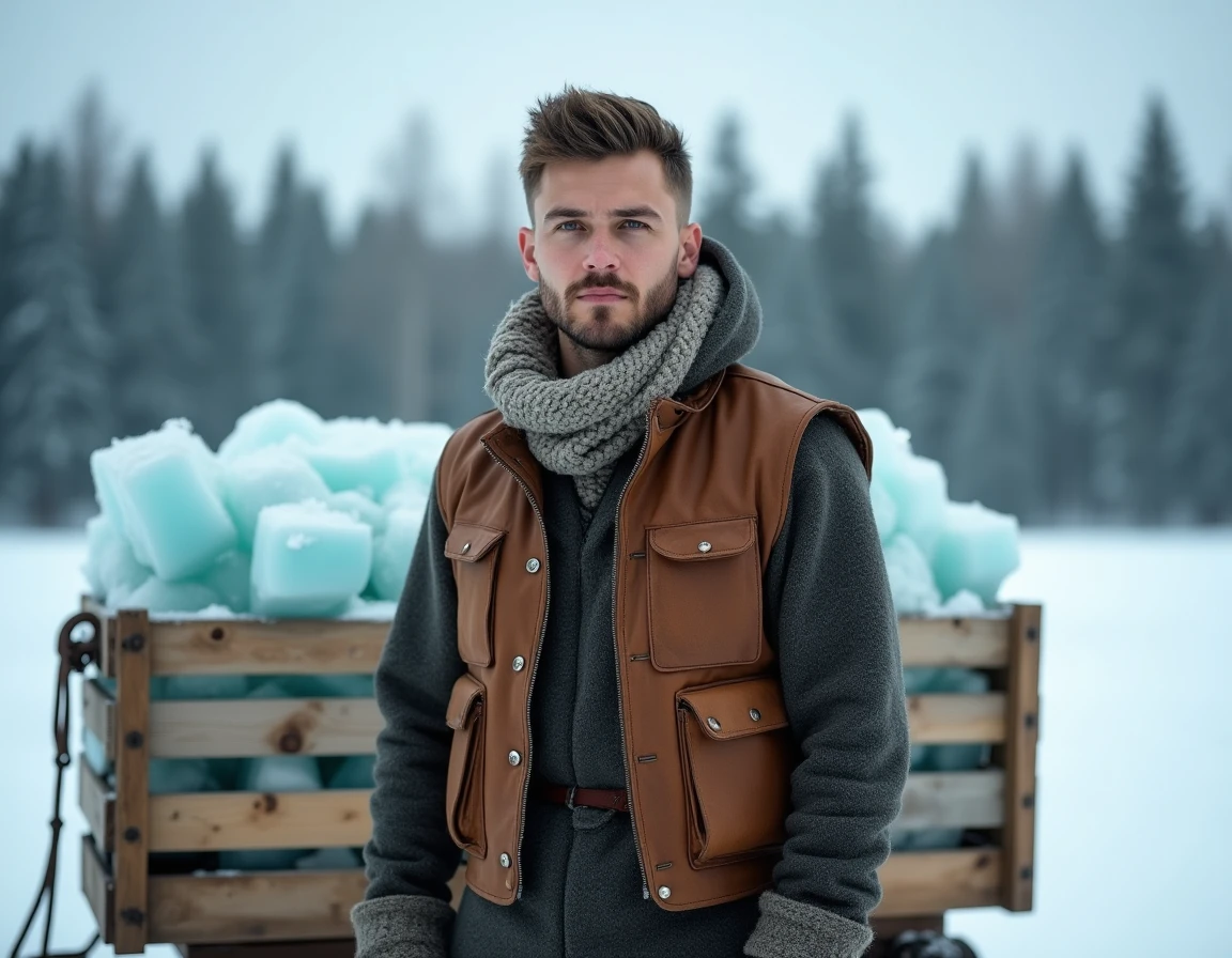 Jeune homme robuste en tenue nordique rustique debout à côté d'un traîneau chargé de blocs de glace dans un paysage enneigé, évoquant le personnage de Kristoff de Disney