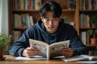 Jeune homme lisant un volume de manga One Piece dans un coin lecture cosy entouré de bibliothèques