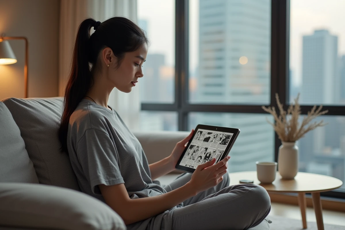 Femme lisant un scan de manga en version française sur une tablette dans un appartement moderne