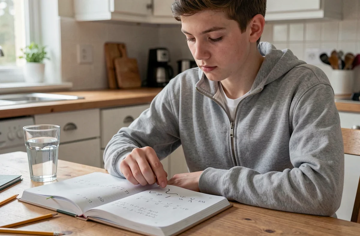 Lycéen étudiant le symbole approximatif environ dans un manuel de mathématiques à la maison