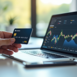 Main tenant une carte bancaire près d'une application blockchain sur smartphone