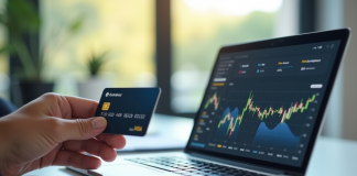 Main tenant une carte bancaire près d'une application blockchain sur smartphone