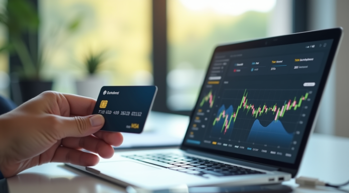 Main tenant une carte bancaire près d'une application blockchain sur smartphone