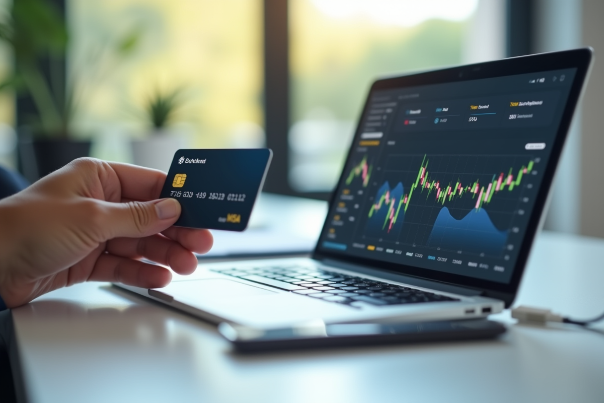 Main tenant une carte bancaire près d'une application blockchain sur smartphone