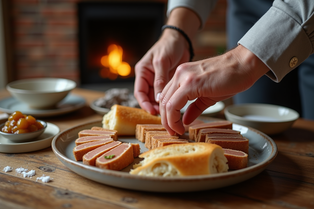 Mains disposant des tranches de foie gras sur une assiette