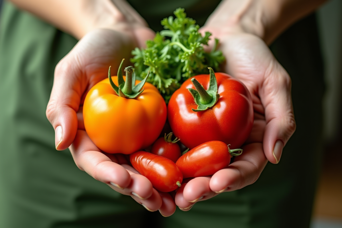 Mains tenant des légumes frais riches en vitamine Drich en lumière naturelle
