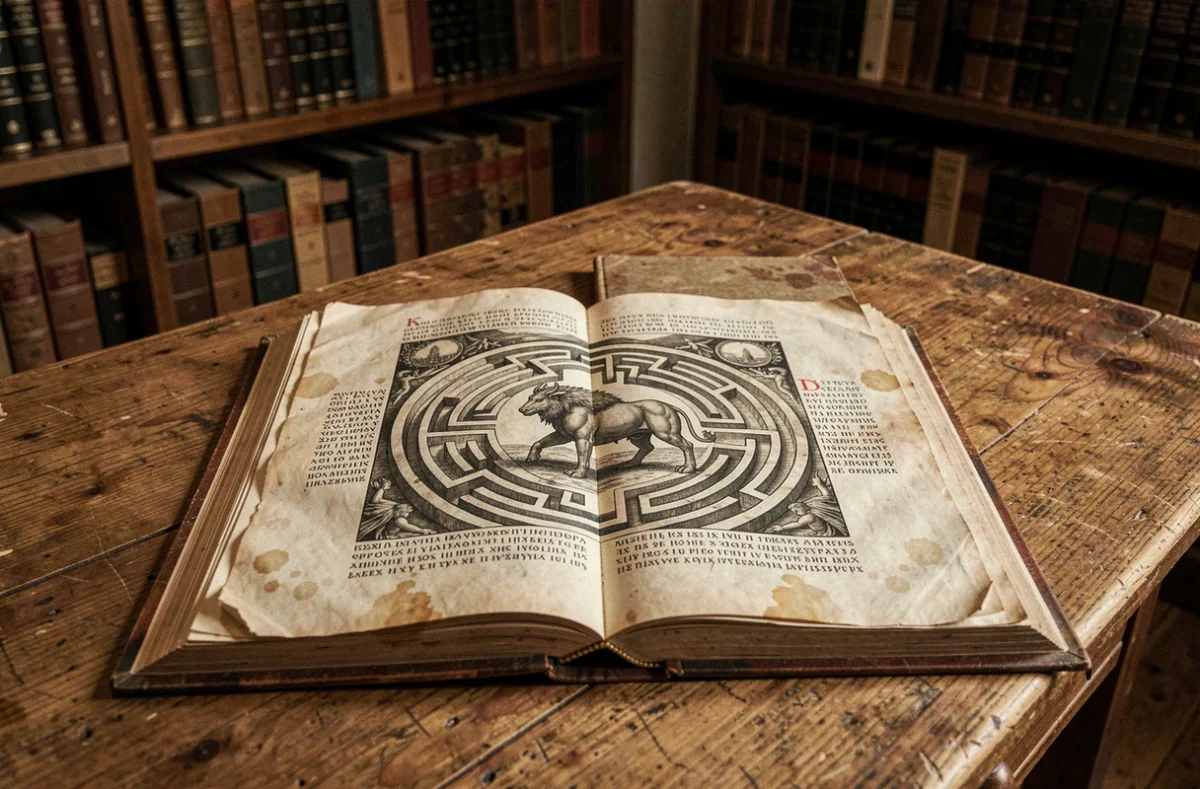 Manuscrit ancien illustré représentant le Minotaure dans le labyrinthe de Crète, ouvert sur une table de bibliothèque universitaire avec textes en grec et latin