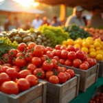 Stand de marché coloré au lever du soleil avec légumes V