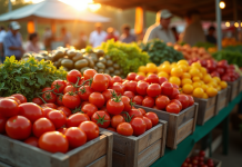 Stand de marché coloré au lever du soleil avec légumes V