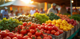 Stand de marché coloré au lever du soleil avec légumes V