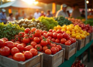 Les fruits et légumes en V : stars de la cuisine végétarienne Stand de marché coloré au lever du soleil avec légumes V