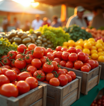 Stand de marché coloré au lever du soleil avec légumes V