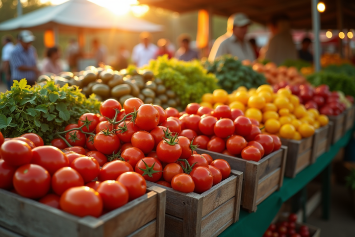 Stand de marché coloré au lever du soleil avec légumes V