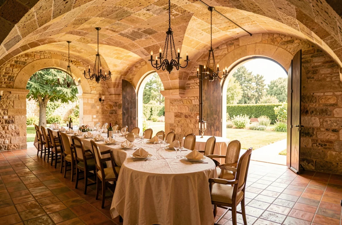 Mas des Comtes de Provence à Tarascon dans les Bouches-du-Rhône, salle de réception voûtée en pierre avec grande table banquet dressée sous des arches anciennes et carrelage en tomettes