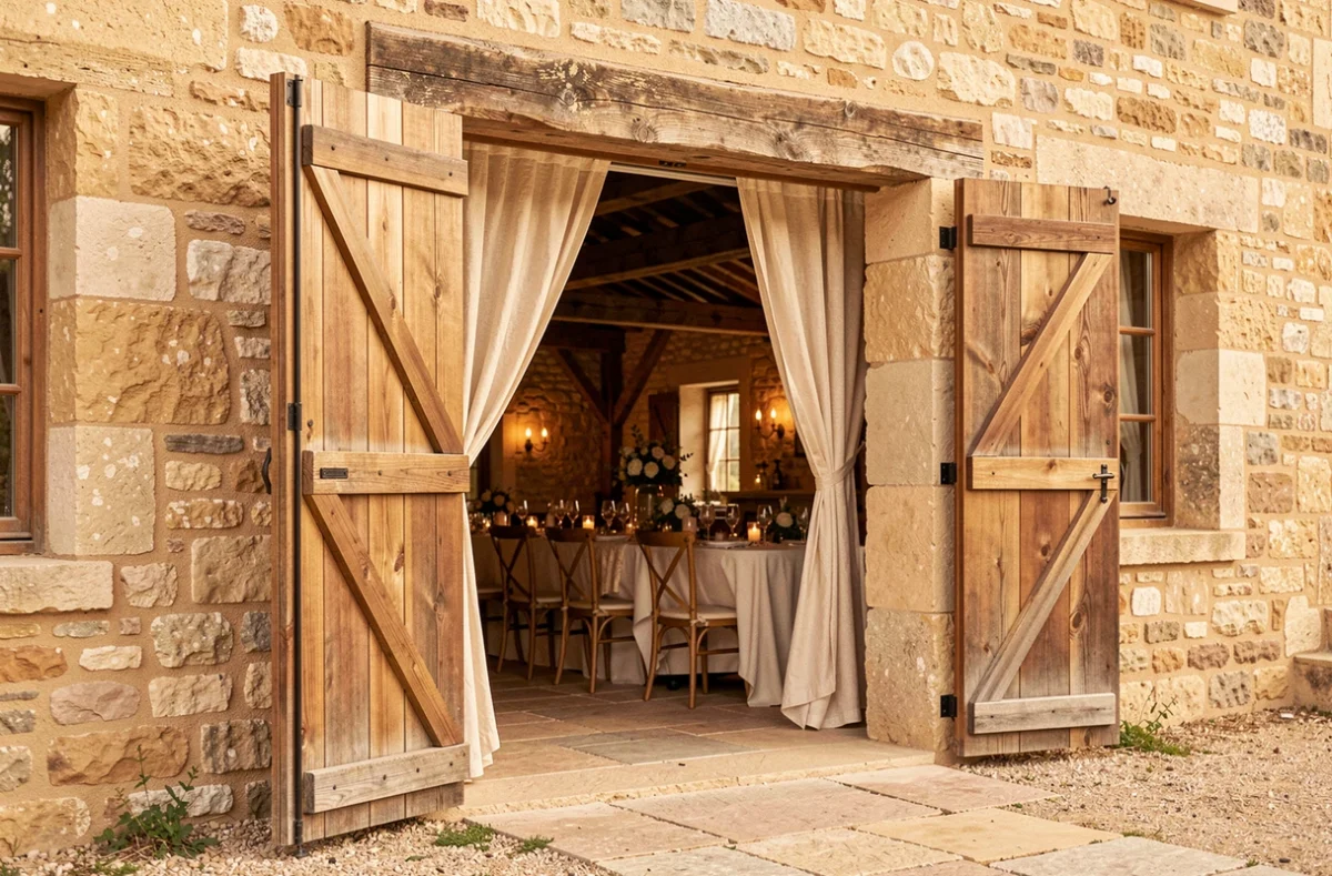Mas des Costes dans les Bouches-du-Rhône, mas provençal restauré avec grange reconvertie en salle de réception élégante aux poutres apparentes et sol en pierre