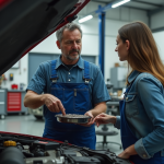 Mécanicien homme en overalls examine une transmission auto