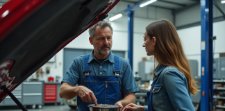 Boîte automatique : causes d’usure et d’endommagement à éviter Mécanicien homme en overalls examine une transmission auto