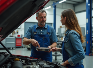 Mécanicien homme en overalls examine une transmission auto