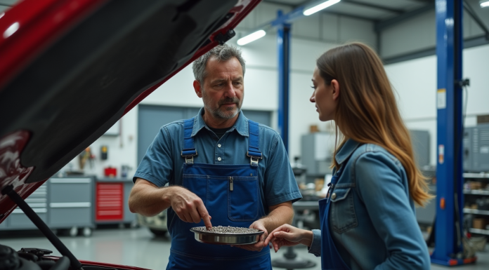 Mécanicien homme en overalls examine une transmission auto
