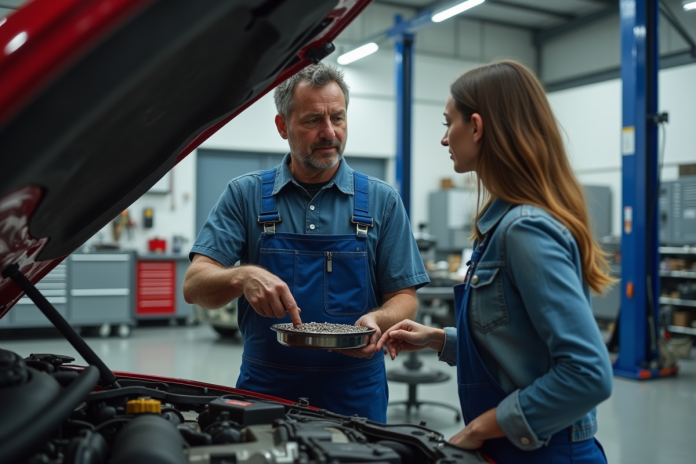 Mécanicien homme en overalls examine une transmission auto