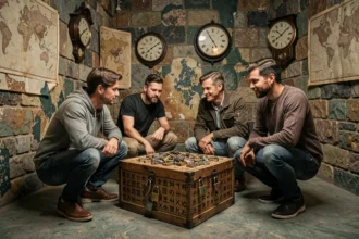 Groupe d'adultes en pleine action dans une salle d'escape game en Charente-Maritime, entourés d'énigmes et de cadenas