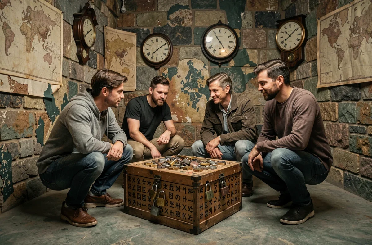 Groupe d'adultes en pleine action dans une salle d'escape game en Charente-Maritime, entourés d'énigmes et de cadenas