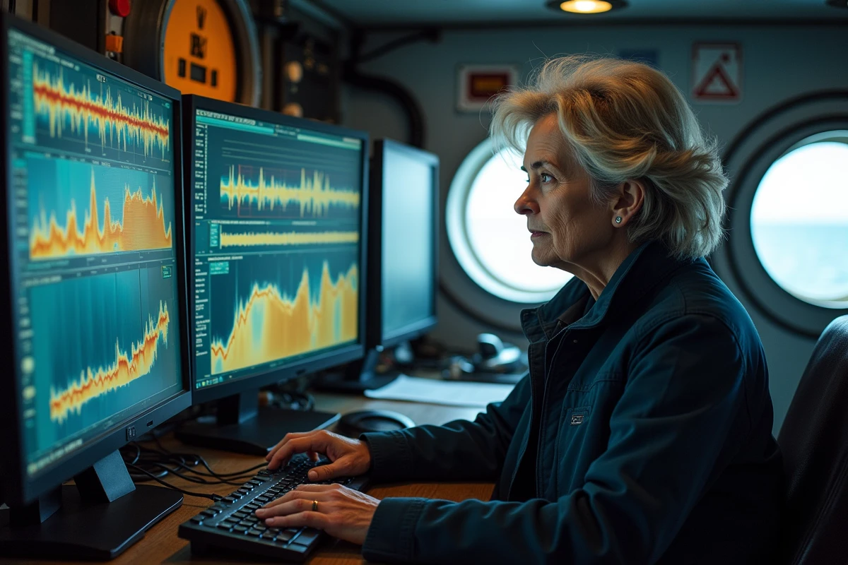 Océanographe analysant des données sismiques et bathymétriques à bord d'un navire de recherche pour prévenir un tsunami