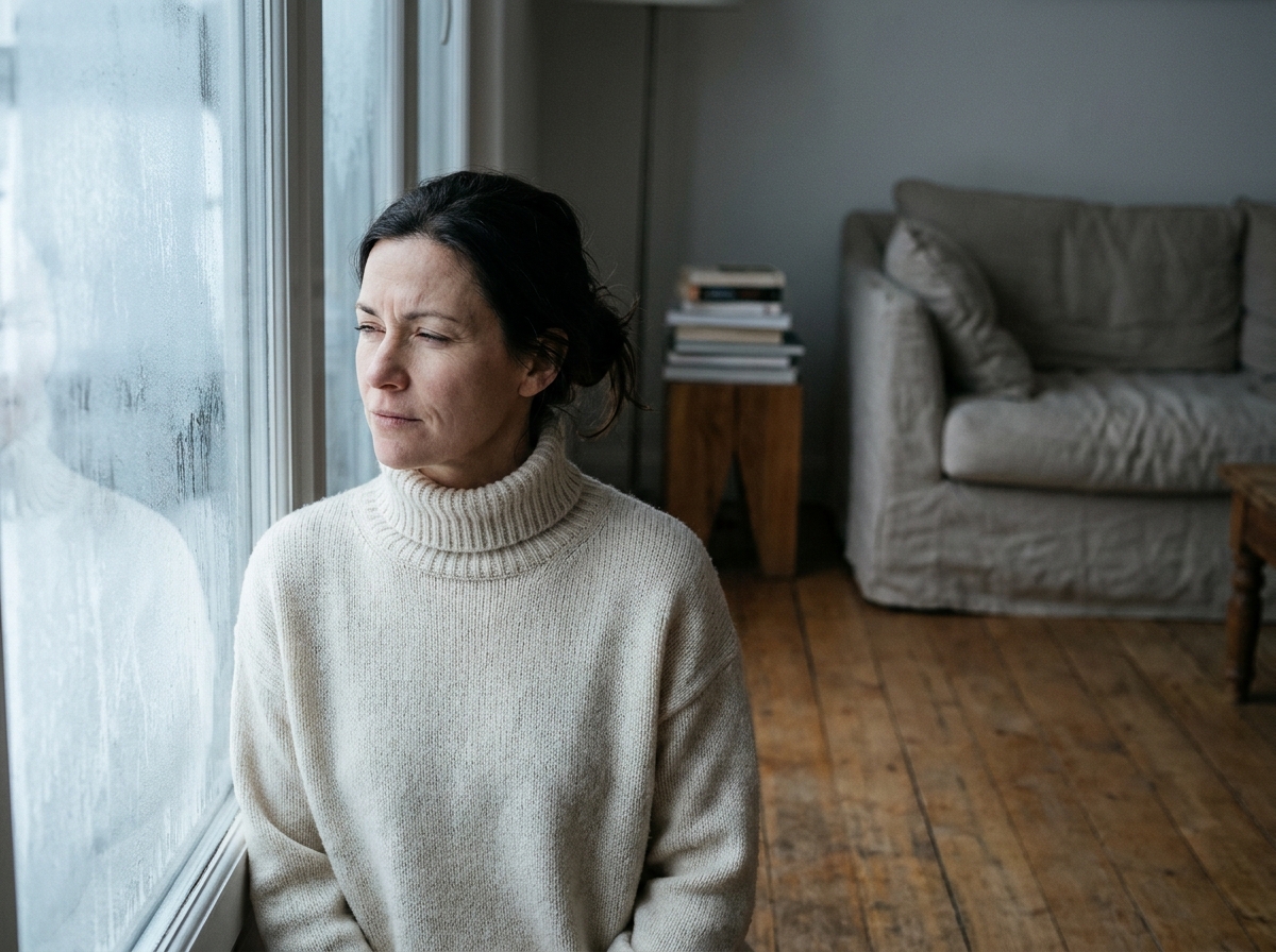 Femme regardant par une fenêtre givrée en hiver, illustrant la perception visuelle par faible luminosité hivernale