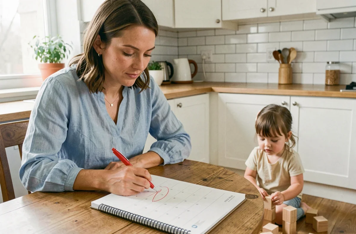 Mère organisant le calendrier des jours fériés de mai avec sa fille qui joue à proximité dans la cuisine