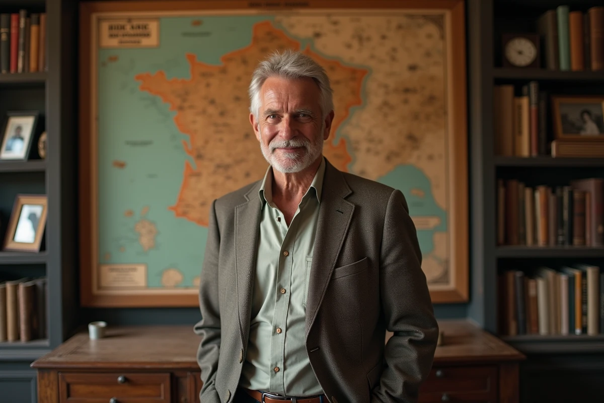 Homme d'âge mûr debout devant une carte vintage de France dans un bureau chaleureux, évoquant les origines et le parcours de Jean-Luc Reichmann