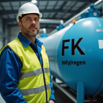 Ouvrier industriel en tenue de sécurité près d'un réservoir d'hydrogène