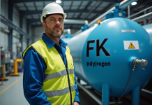 Risques : Hydrogène, explosion potentielle dans l’industrie ? Ouvrier industriel en tenue de sécurité près d'un réservoir d'hydrogène