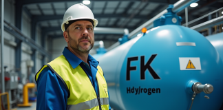 Risques : Hydrogène, explosion potentielle dans l’industrie ? Ouvrier industriel en tenue de sécurité près d'un réservoir d'hydrogène