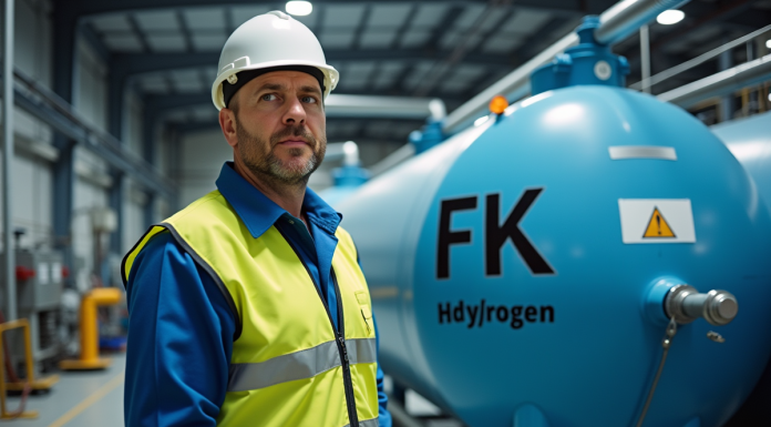 Ouvrier industriel en tenue de sécurité près d'un réservoir d'hydrogène