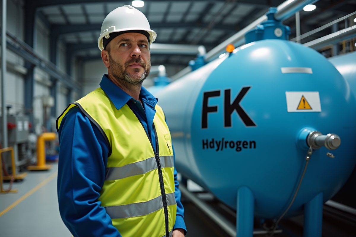 Ouvrier industriel en tenue de sécurité près d'un réservoir d'hydrogène
