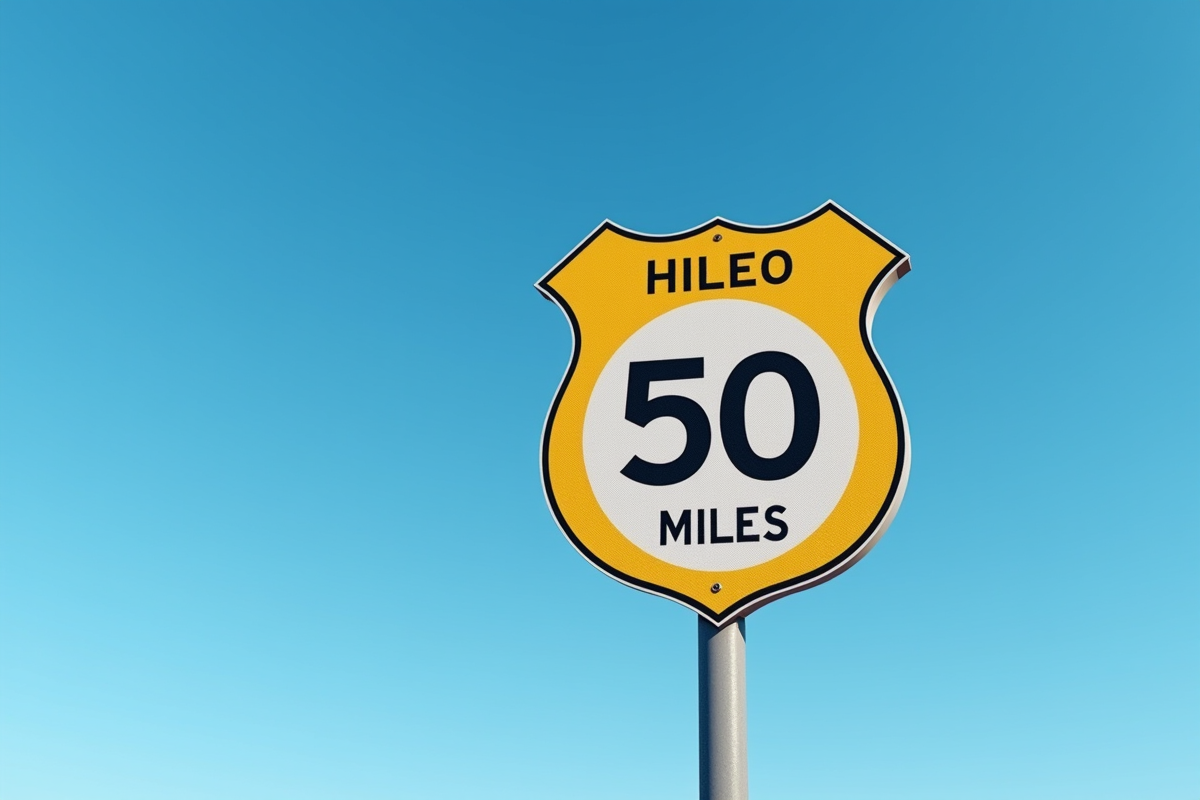 Panneau routier indiquant 50 miles sous un ciel bleu