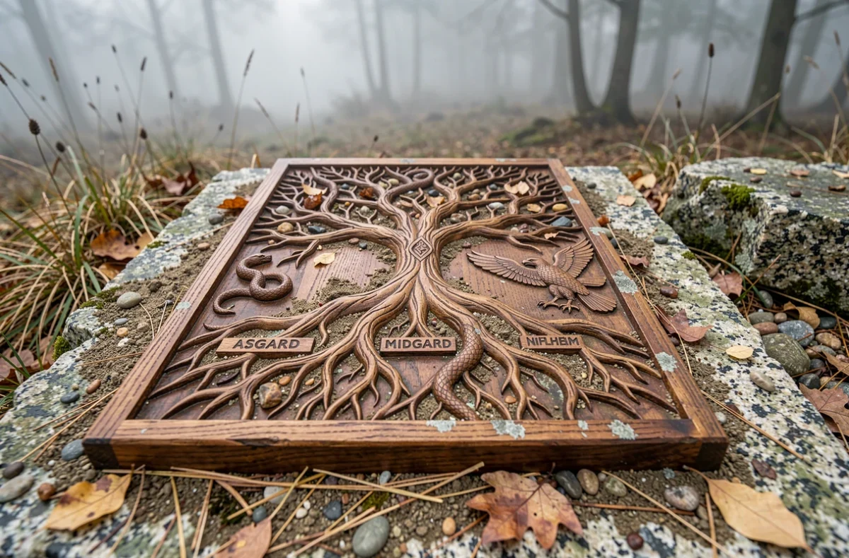 Panneau en bois sculpté représentant Yggdrasil et ses trois racines reliées aux neuf mondes de la mythologie nordique