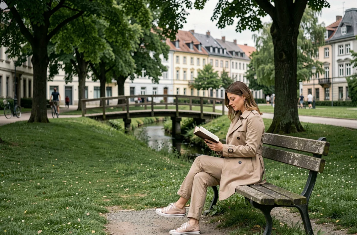 Femme lisant sur un banc dans un parc urbain près de la mosquée de Strasbourg, avec canal, pont en bois et verdure alsacienne
