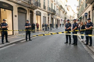 Périmètre de sécurité établi par la police française dans une rue commerçante de Cannes lors d'une alerte à la bombe