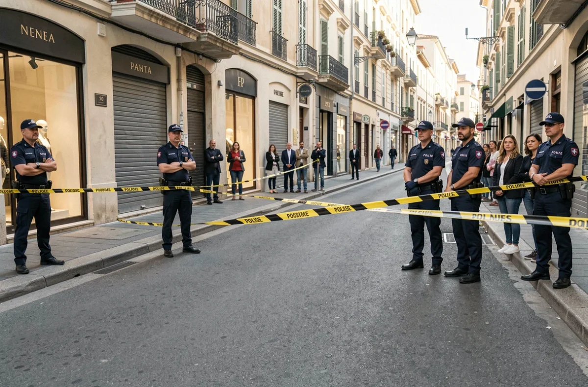 Périmètre de sécurité établi par la police française dans une rue commerçante de Cannes lors d'une alerte à la bombe