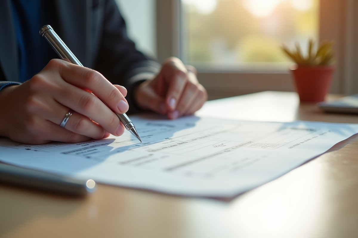 Personne remplissant une carte grise française sur un bureau