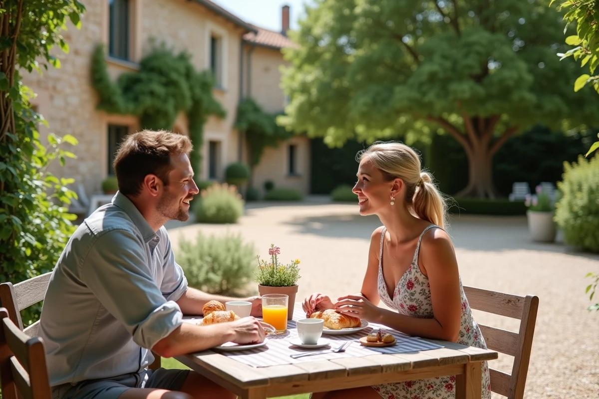 Couple prenant le petit-déjeuner en terrasse dans un gîte proche d'Hauterives en Drôme, ambiance provençale authentique