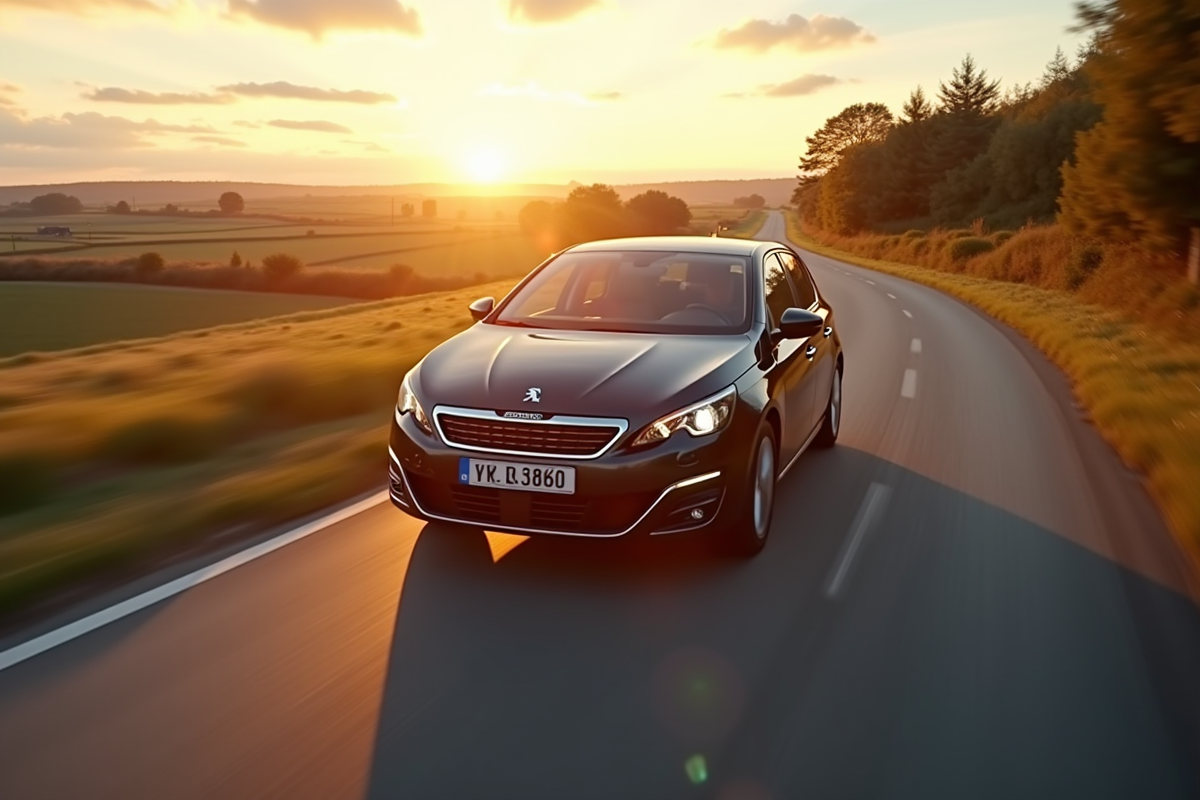 Peugeot 308 2015 en conduite en campagne au coucher du soleil