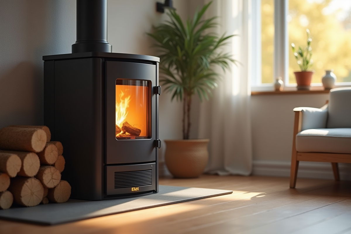 Poêle à pellets moderne dans un salon lumineux avec code erreur affiché