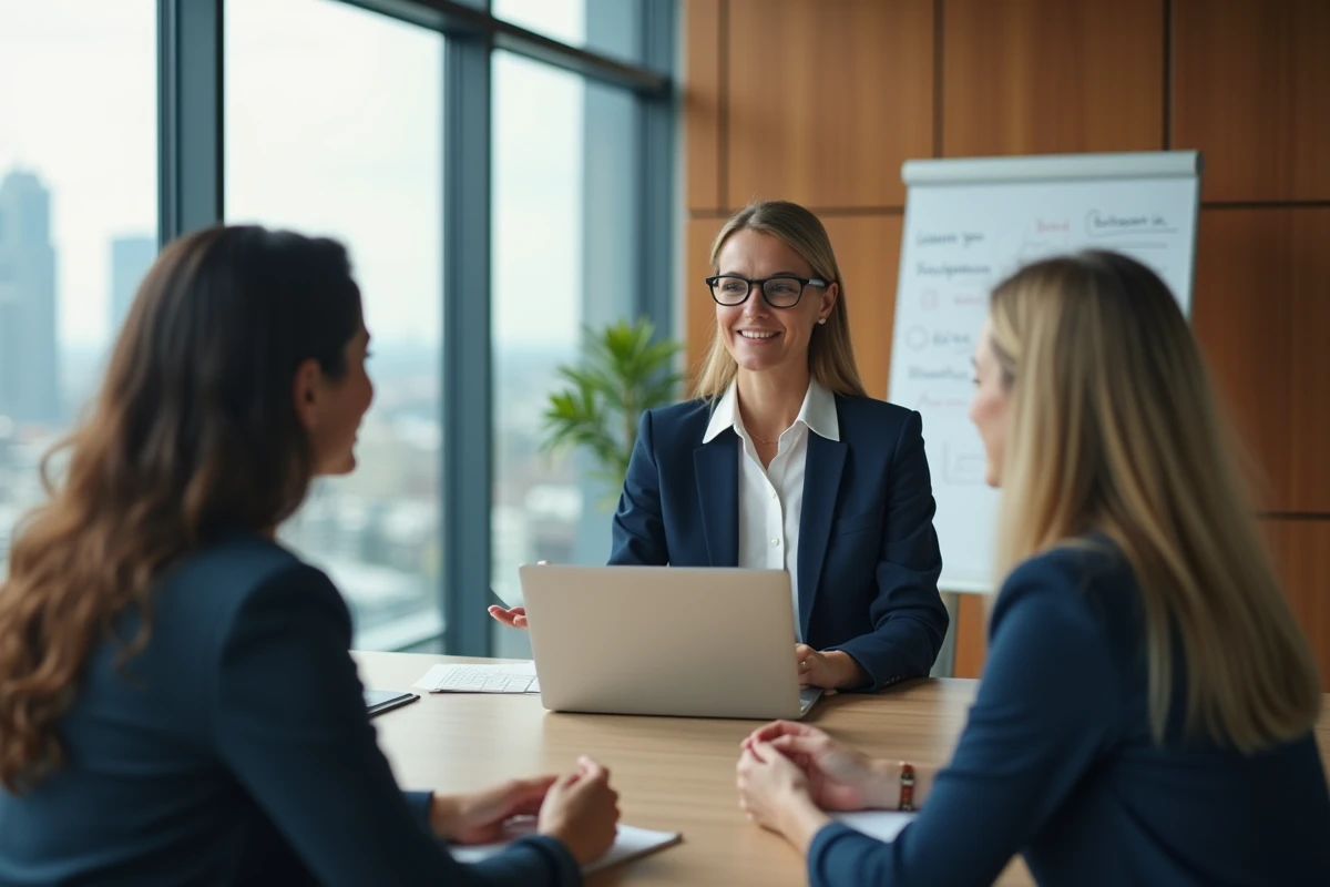 Professionnelle présentant des actualités sectorielles à son équipe en salle de réunion moderne pour renforcer sa crédibilité