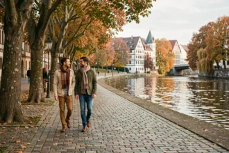 Promenade en couple le long des berges de l'Ill à Strasbourg en automne, avec arbres dorés et bâtiments alsaciens en arrière-plan