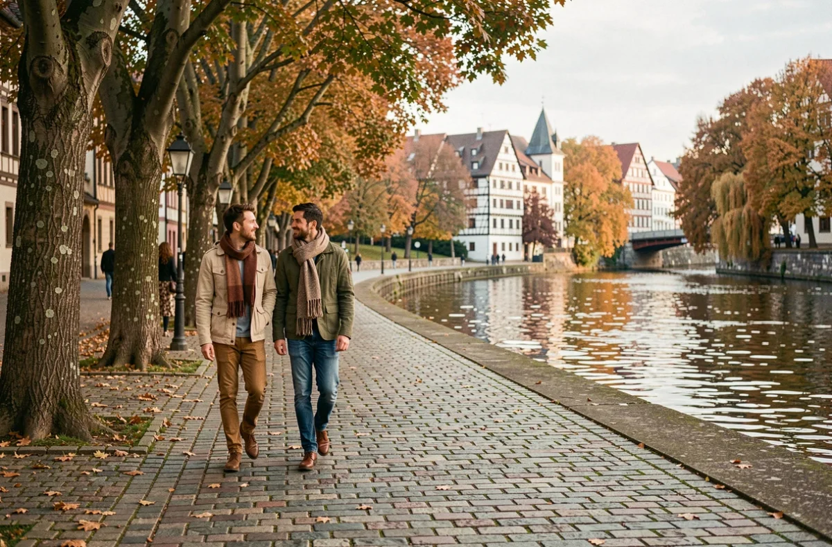 Promenade en couple le long des berges de l'Ill à Strasbourg en automne, avec arbres dorés et bâtiments alsaciens en arrière-plan