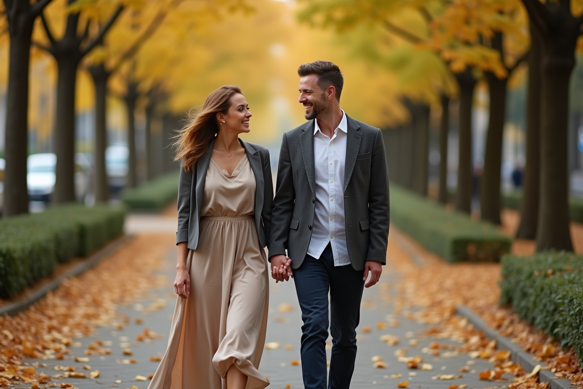 Jeune couple marchant dans un parc urbain automne